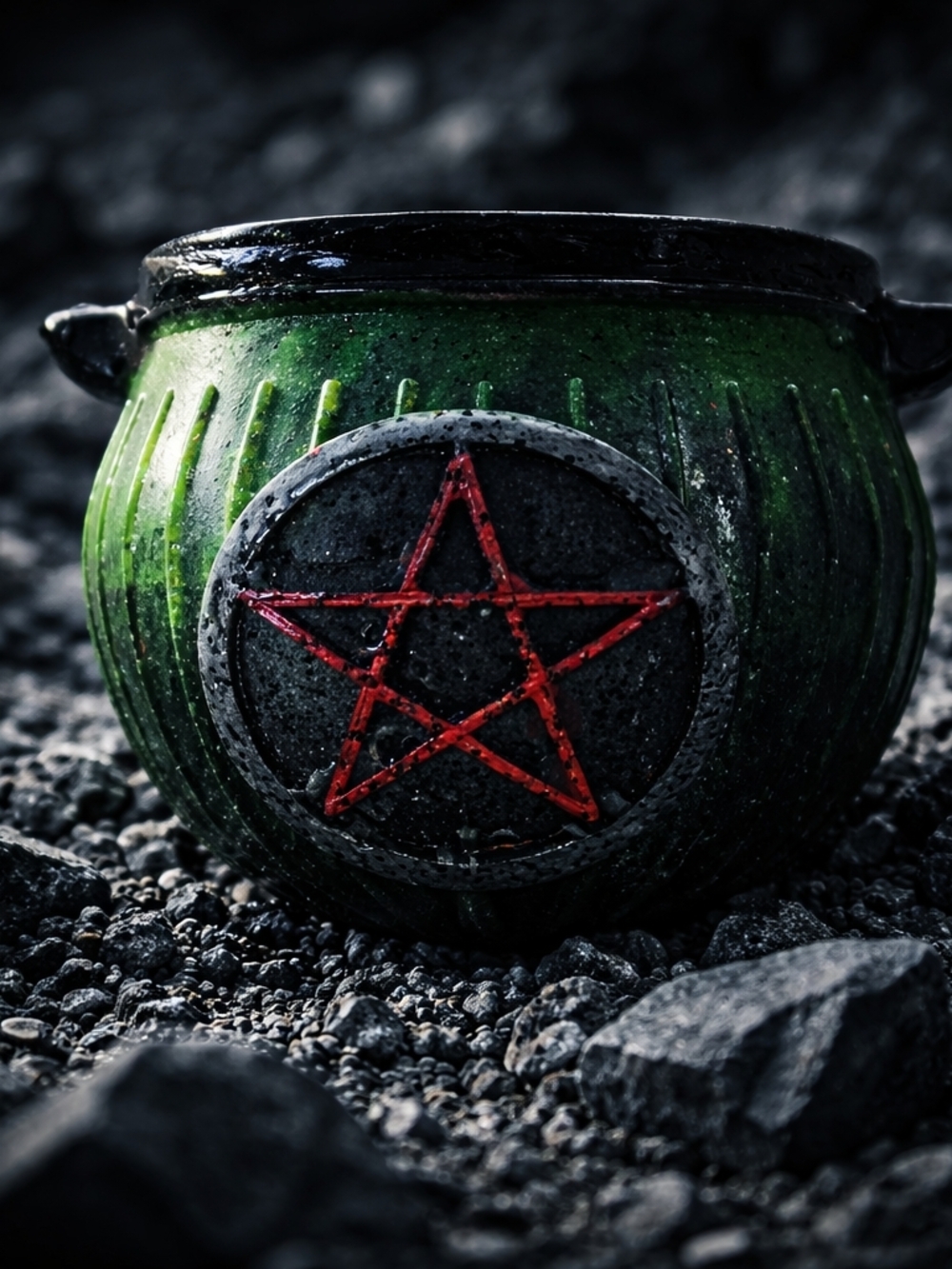 Resin Art Decorative Cauldron with Red Pentagram Accent And Crystals 1.75" Tall